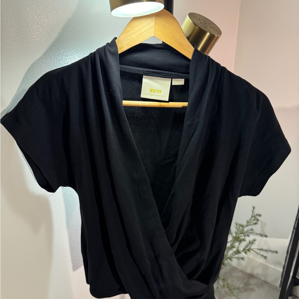 Anthropologie Black Short Sleeve Draped Wrap Tee